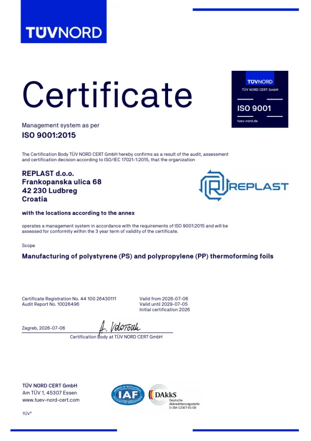 Certyfikat ISO 9001:2015 wydany firmie REPLAST d.o.o. przez T&Uuml;V NORD CERT